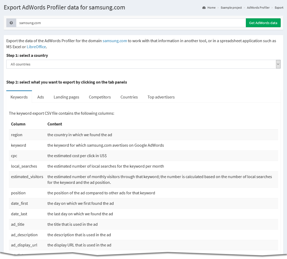 Google Ads Profiler export