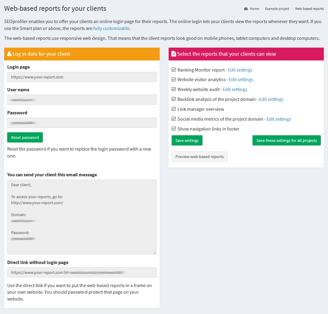 Web-based SEO reports: settings