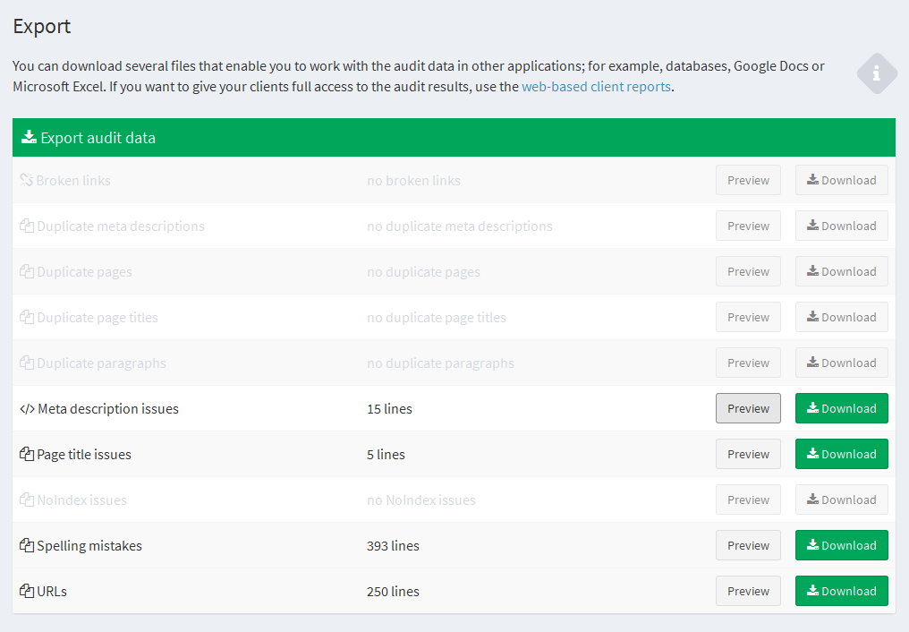 export of the website audit report