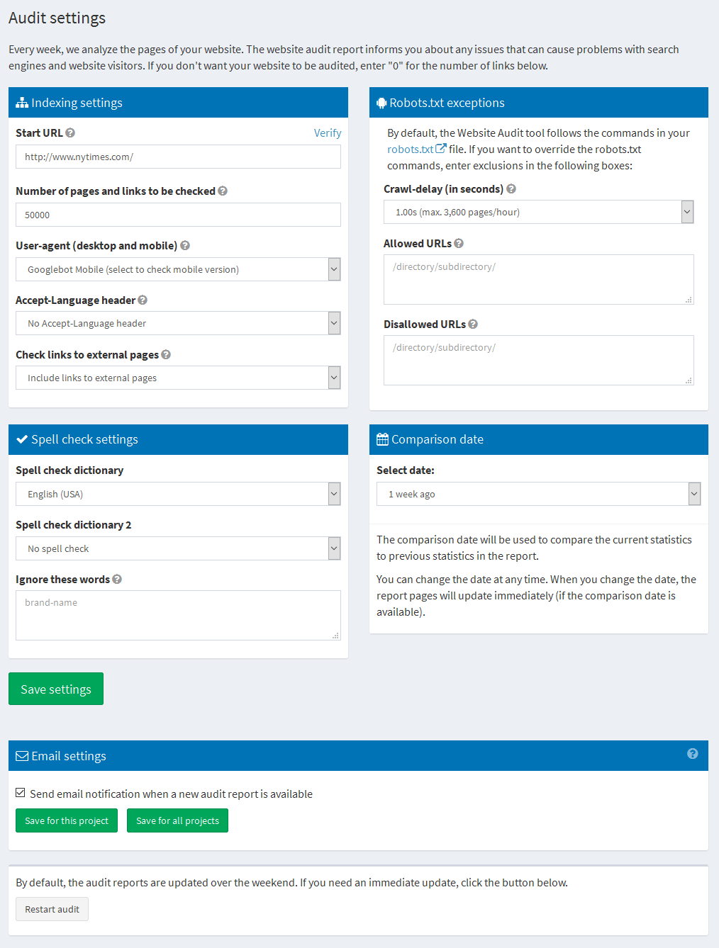 website audit settings