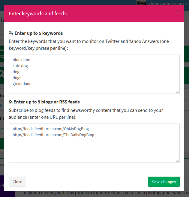 monitored keywords and blogs